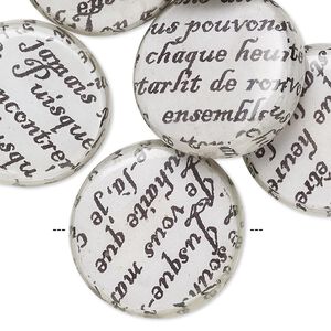 Bead, wood / newspaper / acrylic, white and black, 24mm double-sided flat round with phrase in French. Sold per pkg of 8.