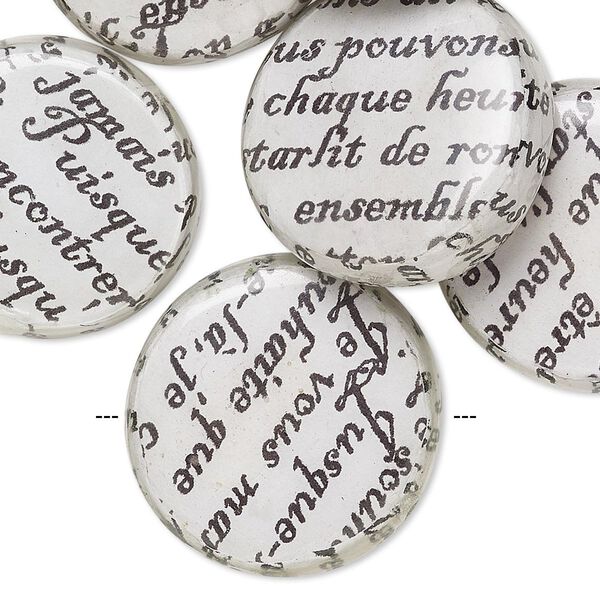 Bead, wood / newspaper / acrylic, white and black, 24mm double-sided flat round with phrase in French. Sold per pkg of 8. image number 0
