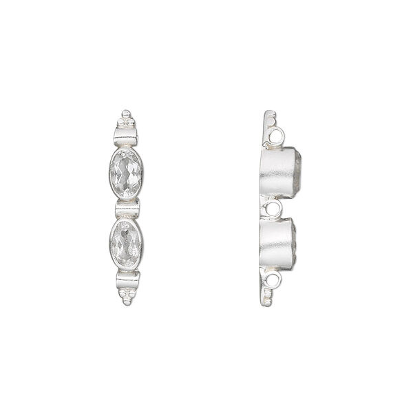 Spacer bar, 3-strand, sterling silver and white topaz (natural), 21x4mm with 5x3mm faceted oval, fits up to 7mm bead. Sold individually. image number 0