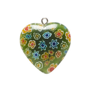 Drop, millefiori glass and silver-finished steel 1pkg1, translucent green and multicolored, 24-26mm puffed heart.