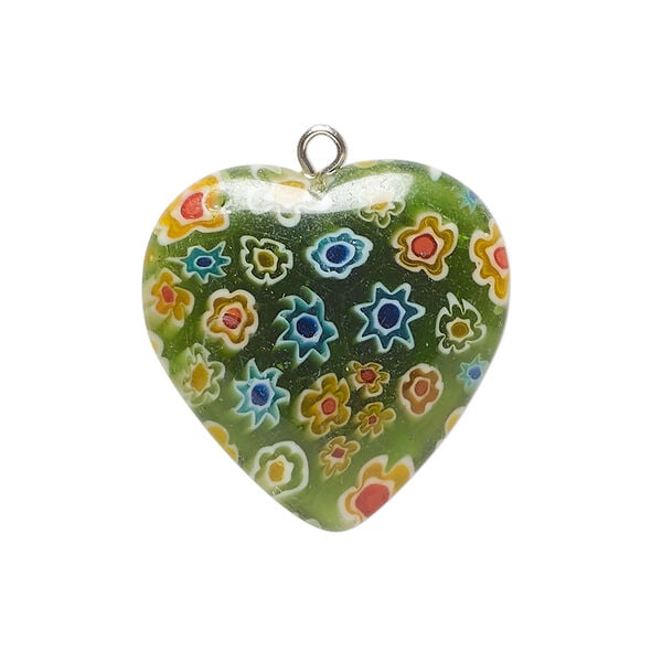 Drop, millefiori glass and silver-finished steel 1pkg1, translucent green and multicolored, 24-26mm puffed heart. image number 0
