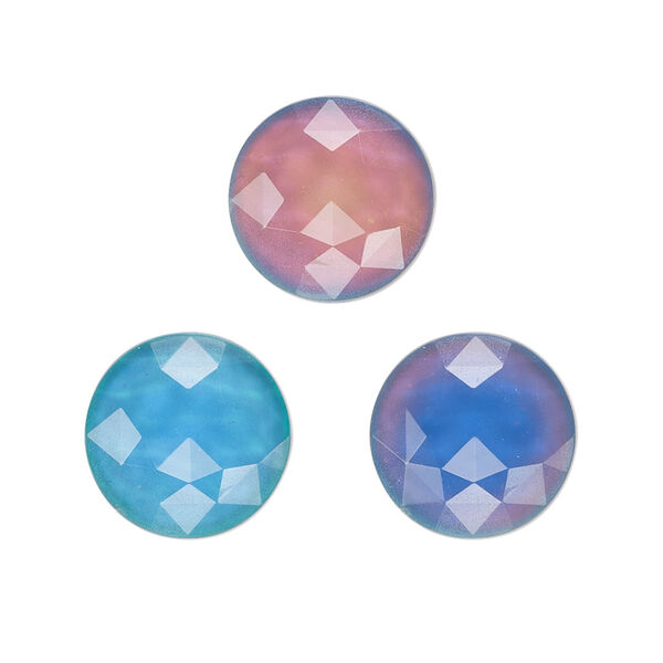 Cabochon, acrylic, multicolored, 14mm color-changing non-calibrated faceted round. Sold per pkg of 4. image number 0