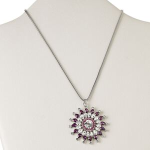 Necklace, imitation rhodium-plated brass and crystal rhinestone, clear / purple / pink, 46mm fancy round, 15" to 16" snake chain with 2-inch extender chain and lobster claw clasp. Sold individually.