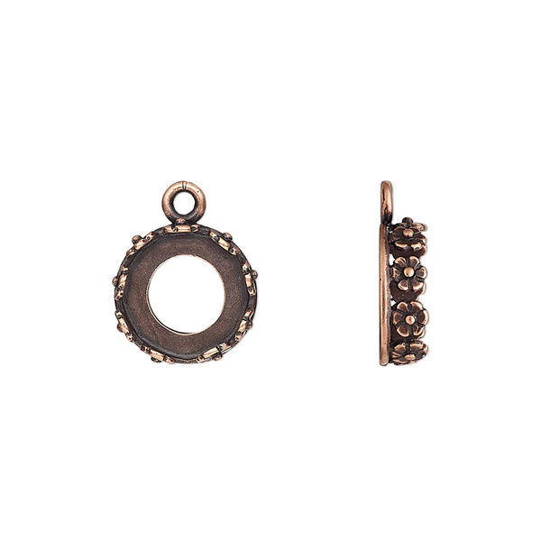 Drop, JBB Findings, antique copper-plated brass, 12mm round with open back and flower design trim, 10mm round bezel setting. Sold per pkg of 2. image number 0