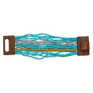 Bracelet, stretch multi-strand, glass and stained wood, turquoise blue / silver / gold, 46mm wide, 7 inches with hook-and-eye clasp. Sold individually.