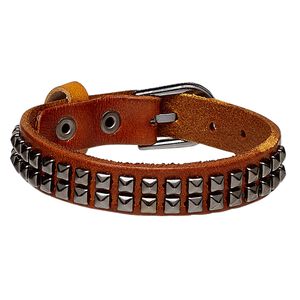 Bracelet, leather (dyed) and gunmetal-plated steel, tan, 13mm wide with square studs, adjustable from 5-1/2 to 7 inches with buckle-style closure. Sold individually.