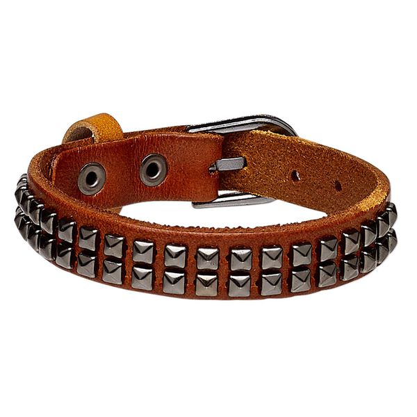 Bracelet, leather (dyed) and gunmetal-plated steel, tan, 13mm wide with square studs, adjustable from 5-1/2 to 7 inches with buckle-style closure. Sold individually. image number 0