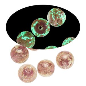 Bead, lampworked glass, clear / purple / glow-in-the-dark / gold, 12mm round. Sold per pkg of 6.