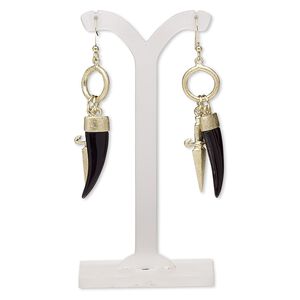 Earring, acrylic with gold-plated brass and "pewter" (zinc-based alloy), black, 67mm with double-sided scratched design and fishhook ear wire. Sold per pair.