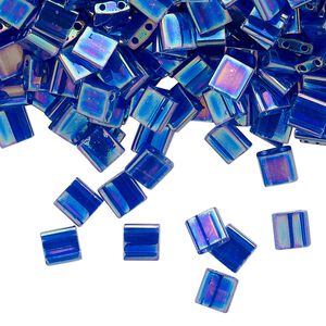 Seed bead, TILA®, glass, pkg/250g, 5mm full tila square, translucent rainbow dark cobalt, (TL-177).