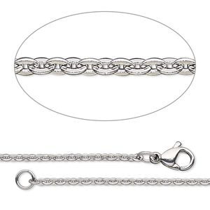 Chain 1pkg1 cable, 1.8mm flat oval / lobster claw clasp, stainless steel / steel 24 inch