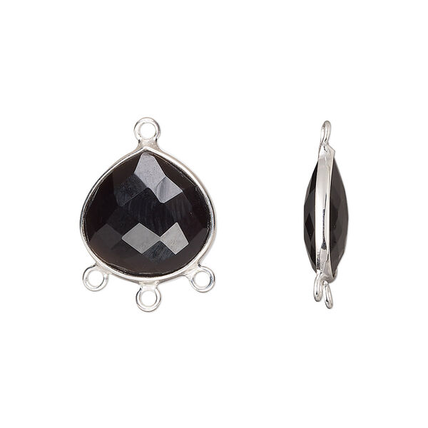 Drop, sterling silver and black onyx (dyed), 15x14mm hand-cut double-sided faceted teardrop with 3 closed loops, Mohs hardness 6-1/2 to 7. Sold individually. image number 0