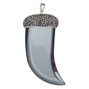 Hemalyke™ / brass / glass rhinestone 1pkg1, silver-finished double-sided talon pendant 51x36mm