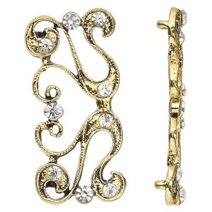 Spacer, antiqued gold-finished "pewter" (zinc-based alloy) and Czech glass rhinestone, clear, 40x19mm 2-strand fancy rectangle. Sold per pkg of 4.
