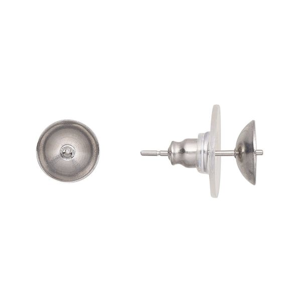 Earstud 1pkg20, 8mm cup / 2.5mm peg / 10-12mm round half-drilled setting / comfort clutch, stainless steel / acrylic / rubber clear 10 pair image number 0