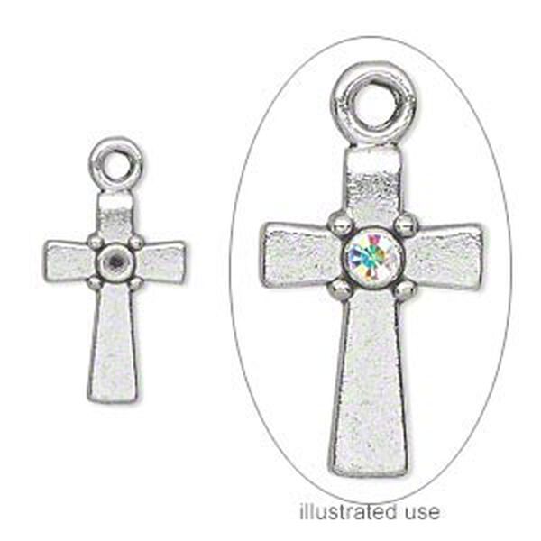 Drop, antique silver-plated "pewter" (zinc-based alloy), 18x12mm single-sided cross with (1) PP18 setting. Sold per pkg of 20. image number 0