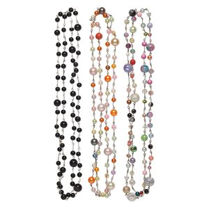 Necklace mix, acrylic / glass / Chinese crystal / silver-finished steel, multicolored, mixed size and shape, 50-inch continuous loop. Sold per pkg of 3.