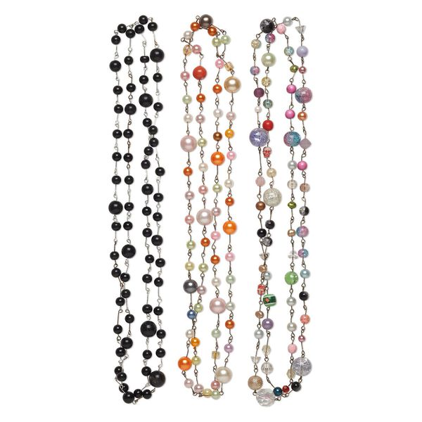 Necklace mix, acrylic / glass / Chinese crystal / silver-finished steel, multicolored, mixed size and shape, 50-inch continuous loop. Sold per pkg of 3. image number 0