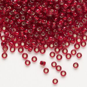 Seed bead, Miyuki, glass, pkg/50g, #8 rocaille, transparent silver-lined ruby red (RR-11).
