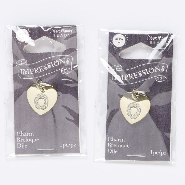 Charm, gold-finished "pewter" (zinc-based alloy) / steel / acrylic rhinestone, clear, 15.5mm single-sided puffed heart with letter "O." Sold per pkg of 2. image number 0