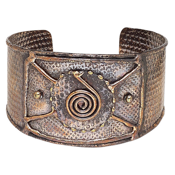 Bracelet, cuff, antique copper-plated brass, 40mm wide with hammered and spiral design, adjustable from 8-9 inches. Sold individually. image number 0