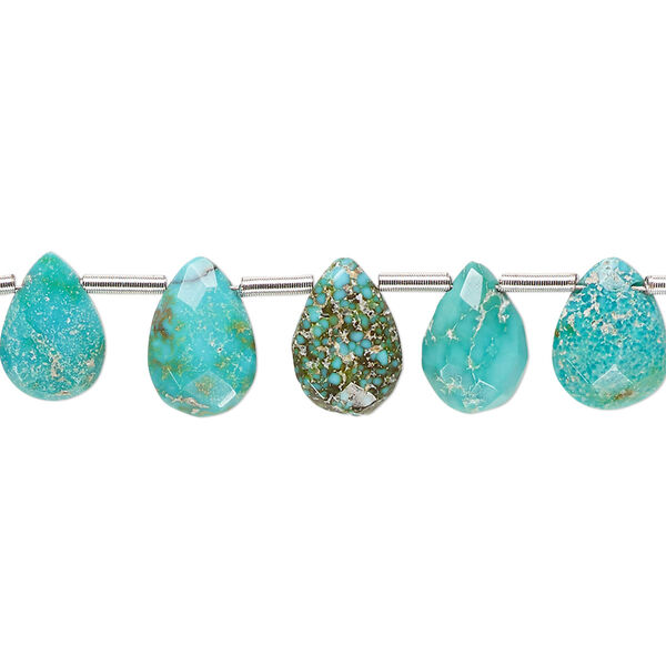 Bead, Imperial Crown turquoise (natural), 9x6mm-11x8mm hand-cut top-drilled faceted puffed teardrop, C+ grade, Mohs hardness 5 to 6. Sold per pkg of 21. image number 0