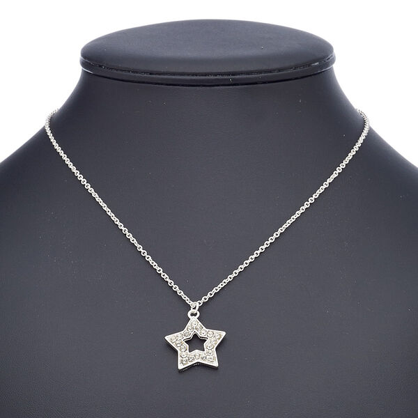 Necklace, glass rhinestone with imitation rhodium-finished steel and "pewter" (zinc-based alloy), clear, 22x22mm open star, 18 inches with 2-inch extender chain and lobster claw clasp. Sold individually. image number 0