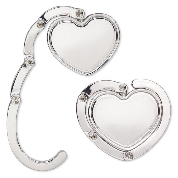 Purse hanger, nickel-plated "pewter" (zinc-based alloy), 47x42mm foldable heart with 33.5x27.5mm heart setting. Sold individually. image number 0