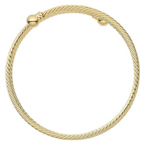 Bracelet, bangle, gold-plated brass, 3.5mm twisted wire with 8mm threaded ball end, adjustable from 9 to 9-1/2 inches. Sold individually.