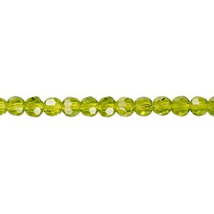 Bead 1pk 32 facets transparent peridot green, Celestial Crystal® 4mm round 15.5-16 inch