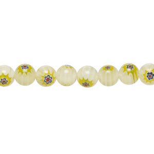 Bead, millefiori glass 1pkg1, translucent yellow-green / red / blue, 6mm round, 15 inches.