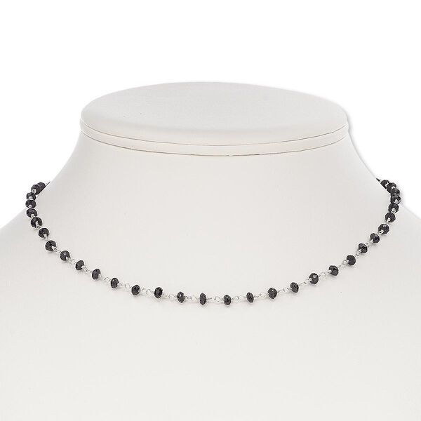 Necklace, glass and silver-finished brass, black, 4x3mm-5x4mm hand-cut faceted rondelle, 17 inches with S-hook clasp. Sold individually. image number 0