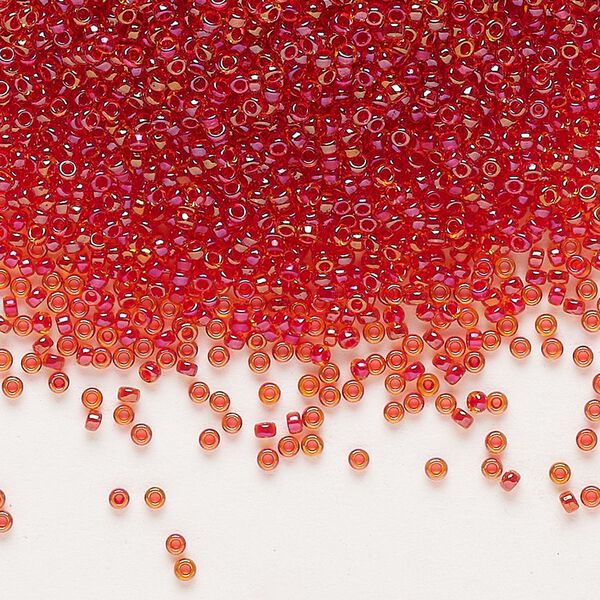 Seed bead, Miyuki, glass, pkg/35g, #15 rocaille, translucent scarlet-lined luster crystal clear (RR-3528). image number 0