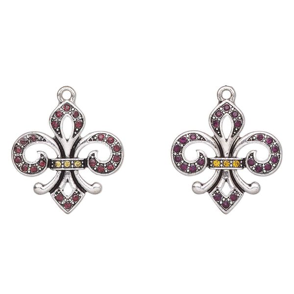 Charm, antique silver-finished "pewter" (zinc-based alloy) and glass, black and topaz, 25x24mm fleur-de-lis. Sold per pkg of 2. image number 0