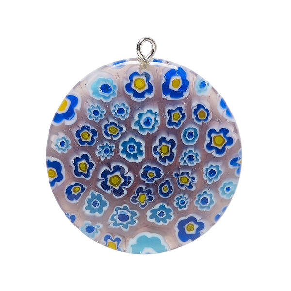 Focal, millefiori glass and silver-finished steel 1pkg1, translucent purple and multicolored, 30mm puffed flat round. image number 0