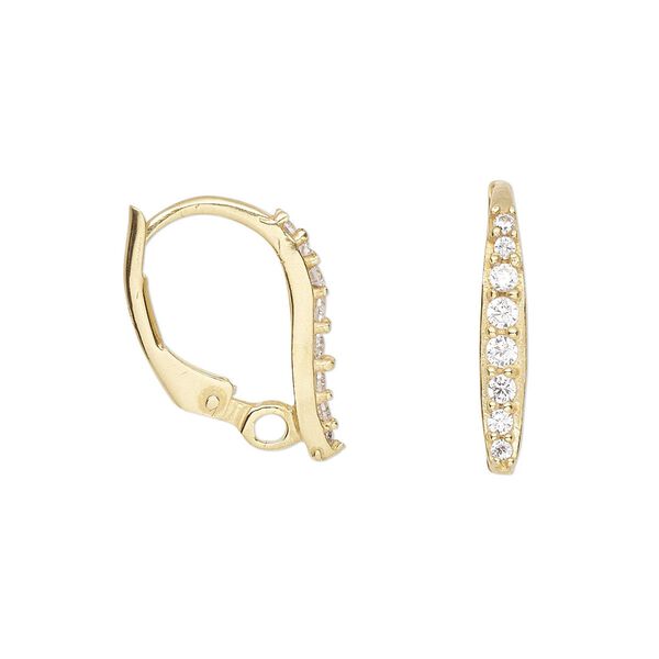 Ear wire leverback 1pkg2 sterling silver / cubic zirconia, 17mm / closed loop, "vermeil" clear 1 pair image number 0