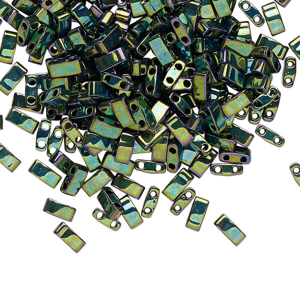 Seed bead, TILA®, glass, pkg/250g, 5x2.3mm half tila rectangle, opaque metallic malachite green, (HTL-468). image number 0