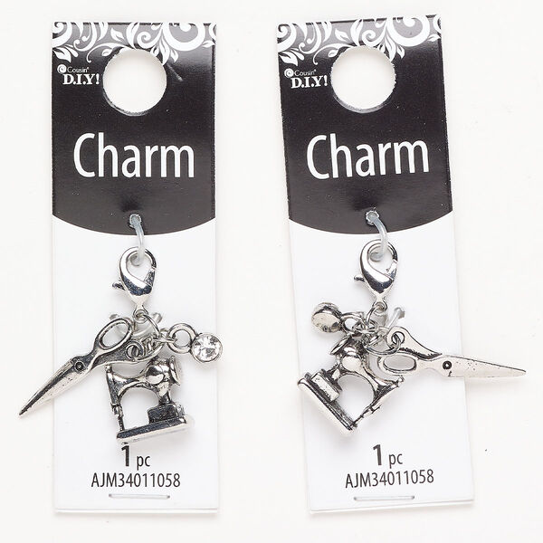 Charm 1pkg2 brass / steel / glass rhinestone, mixed sizes / mixed shapes / lobster claw clasp, antique silver finish / clear image number 0