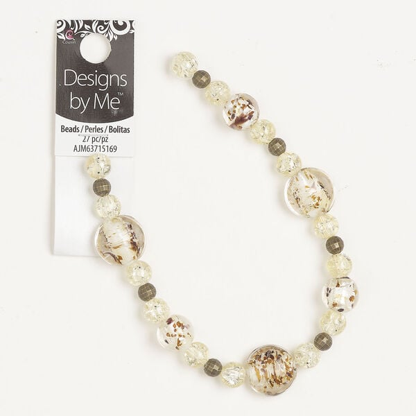 Bead assortment 1pkg27, antique brass-finished brass and glass, mixed colors with silver-colored foil, 6-16mm mixed round. image number 0