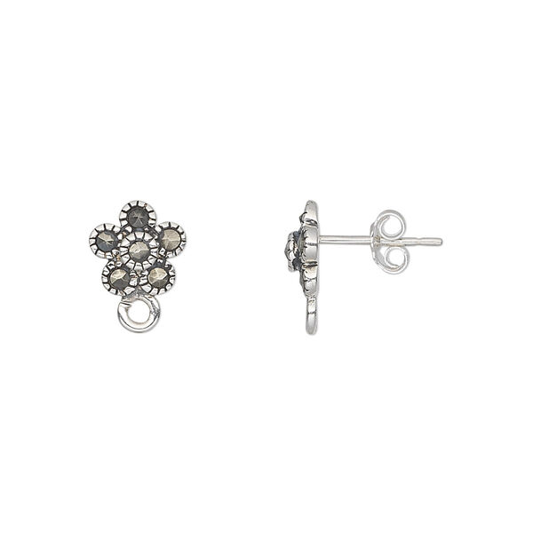 Earring, marcasite (natural) and sterling silver, 9x8mm flower with open loop. Sold per pair. image number 0