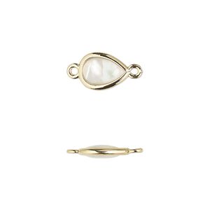 Link, mother-of-pearl shell and gold-finished brass (assembled), 10.5x7mm-11.5x8mm double-sided teardrop. Sold per pkg of 4.
