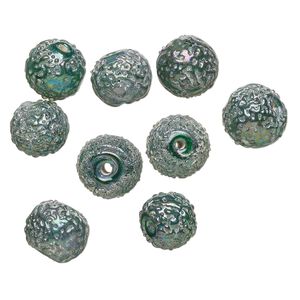 Bead, lampworked glass, translucent green AB, 12mm textured round. Sold per pkg of 10.