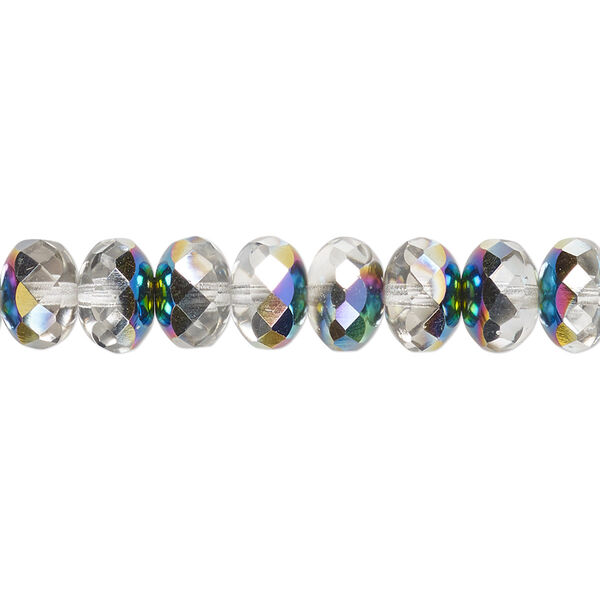 Bead, Czech fire-polished glass, translucent clear vitrail, 9x5mm faceted rondelle. Sold per 15-1/2" to 16" strand. image number 0