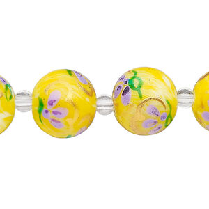 Bead, glass 1pkg8, multicolored, 14mm round with hand-painted flower.