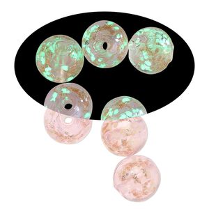 Bead, lampworked glass, clear / pink / glow-in-the-dark / gold, 10mm round. Sold per pkg of 6.