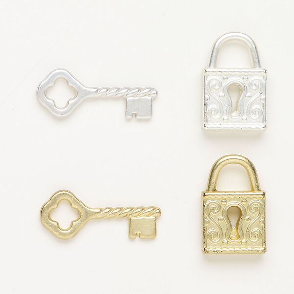 Brass 2pkg2, key / padlock charm assortment matte gold-finished / silver-finished 21x13mm / 25x10mm image number 0