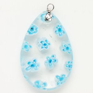 Focal 1pkg1 silver-finished steel and millefiori glass, translucent and transparent clear / aqua blue / white, 47x30mm-48x33mm puffed teardrop.