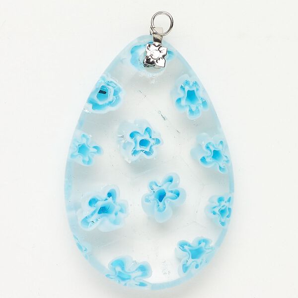 Focal 1pkg1 silver-finished steel and millefiori glass, translucent and transparent clear / aqua blue / white, 47x30mm-48x33mm puffed teardrop. image number 0