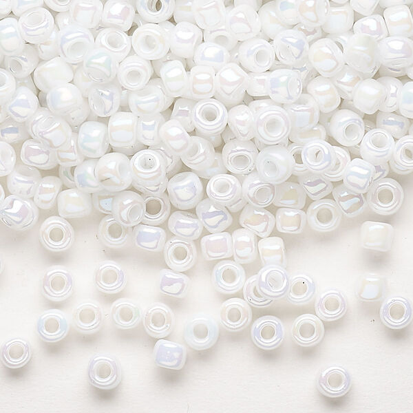Seed bead, Dyna-Mites™, glass, opaque rainbow white, #6 round. Sold per 40-gram pkg. image number 0