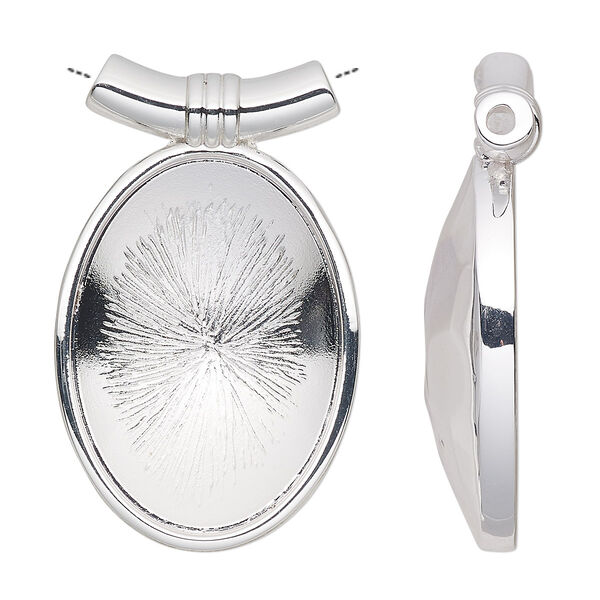 Pendant, Almost Instant Jewelry®, silver-plated "pewter" (zinc-based alloy), 39x24mm with 30x22mm oval setting. Sold individually. image number 0